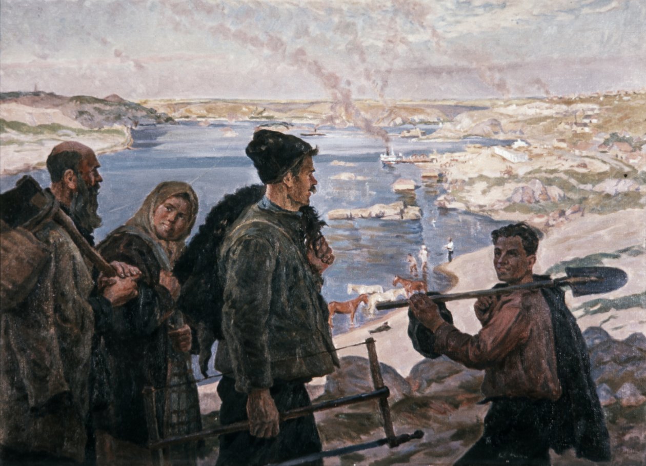 Erbauer des Dnepr-Wasserkraftwerks 1937 von K. Trokhimenko, Sozialistischer Realismus von Unknown