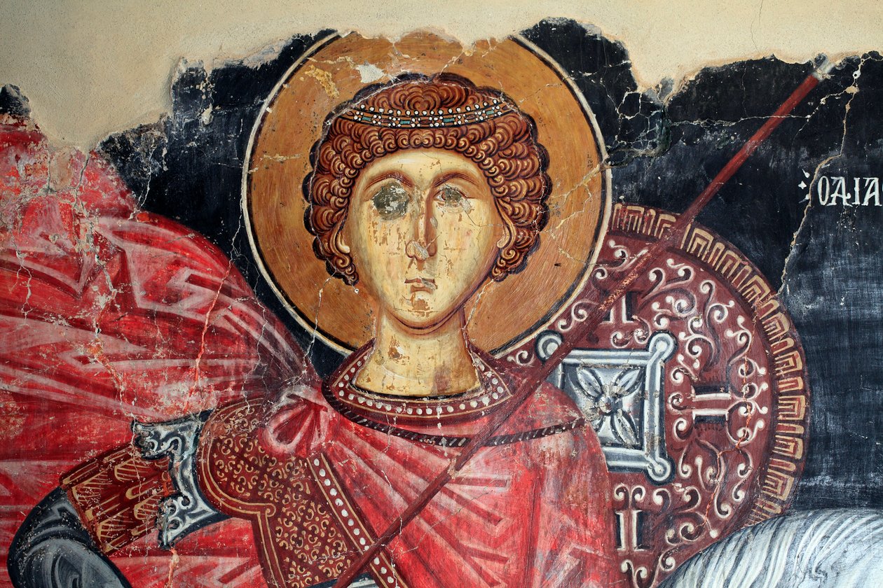 Byzantinisches Fresko aus dem 15. Jahrhundert (Detail) Heiliger Georg Wandmalerei Michael-Archangel-Kirche in Pedoulas Zypern Bemalte Kirchen UNESCO-Stätte Troodos, Zypern von Unknown