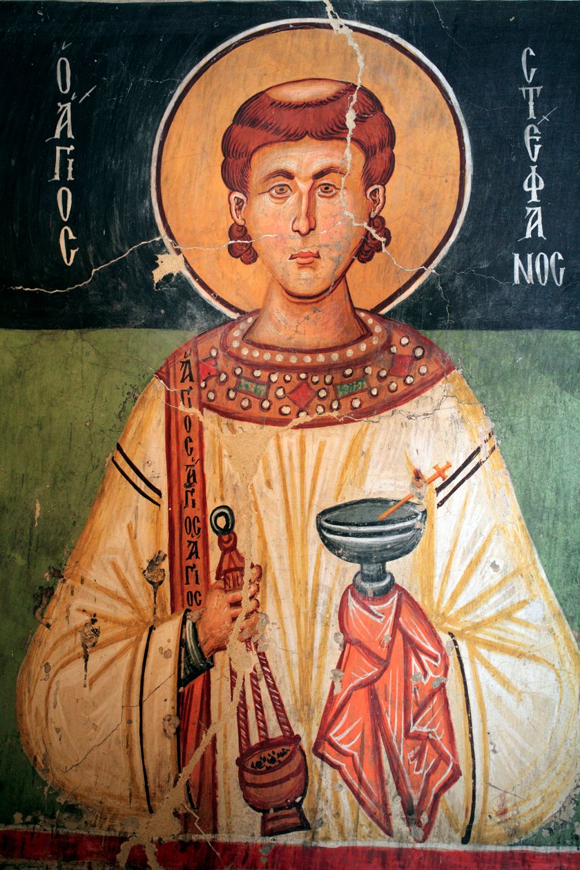 Byzantinisches Fresko aus dem 15. Jahrhundert (Detail) Heiliger Stephan Wandmalerei Michael-Archangel-Kirche in Pedoulas, Zypern, Bemalte Kirchen UNESCO-Stätte Troodos, Zypern von Unknown