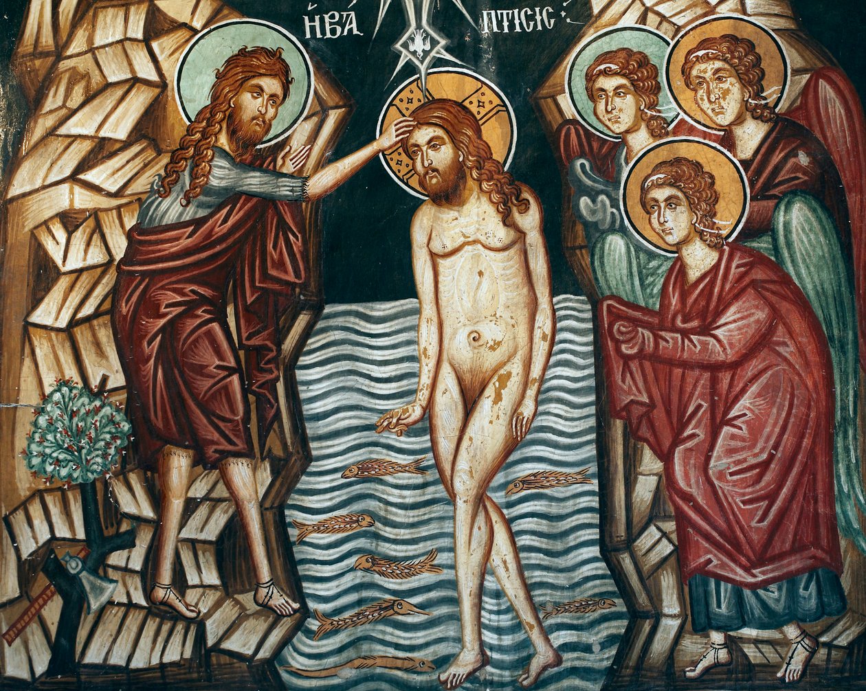 Das byzantinische Fresko aus dem 15. Jahrhundert Taufe Christi Wandmalerei Michael-Archangel-Kirche in Pedoulas, Zypern, Bemalte Kirchen UNESCO-Stätte Troodos, Zypern von Unknown