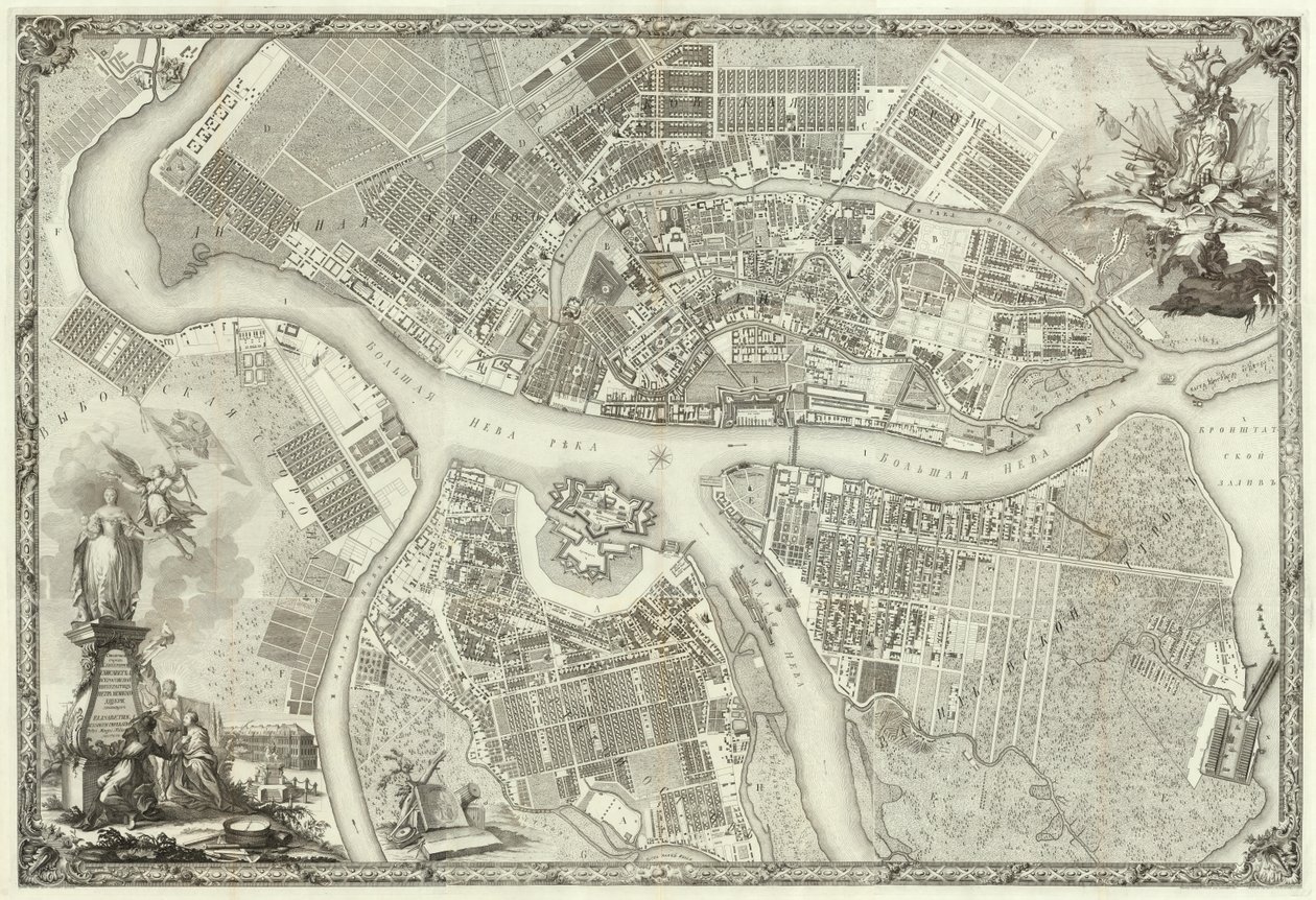 Gravur. Plan der Hauptstadt Sankt Petersburg mit Darstellung der bedeutendsten Prospekte. 1753. M. I. Machaev von Махаев Михаил Иванович