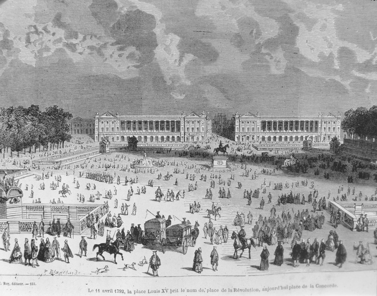 Am 11. April 1792 wurde der Place Louis XV in Place de la Revolution umbenannt und heißt heute Place de la Concorde, Illustration aus 