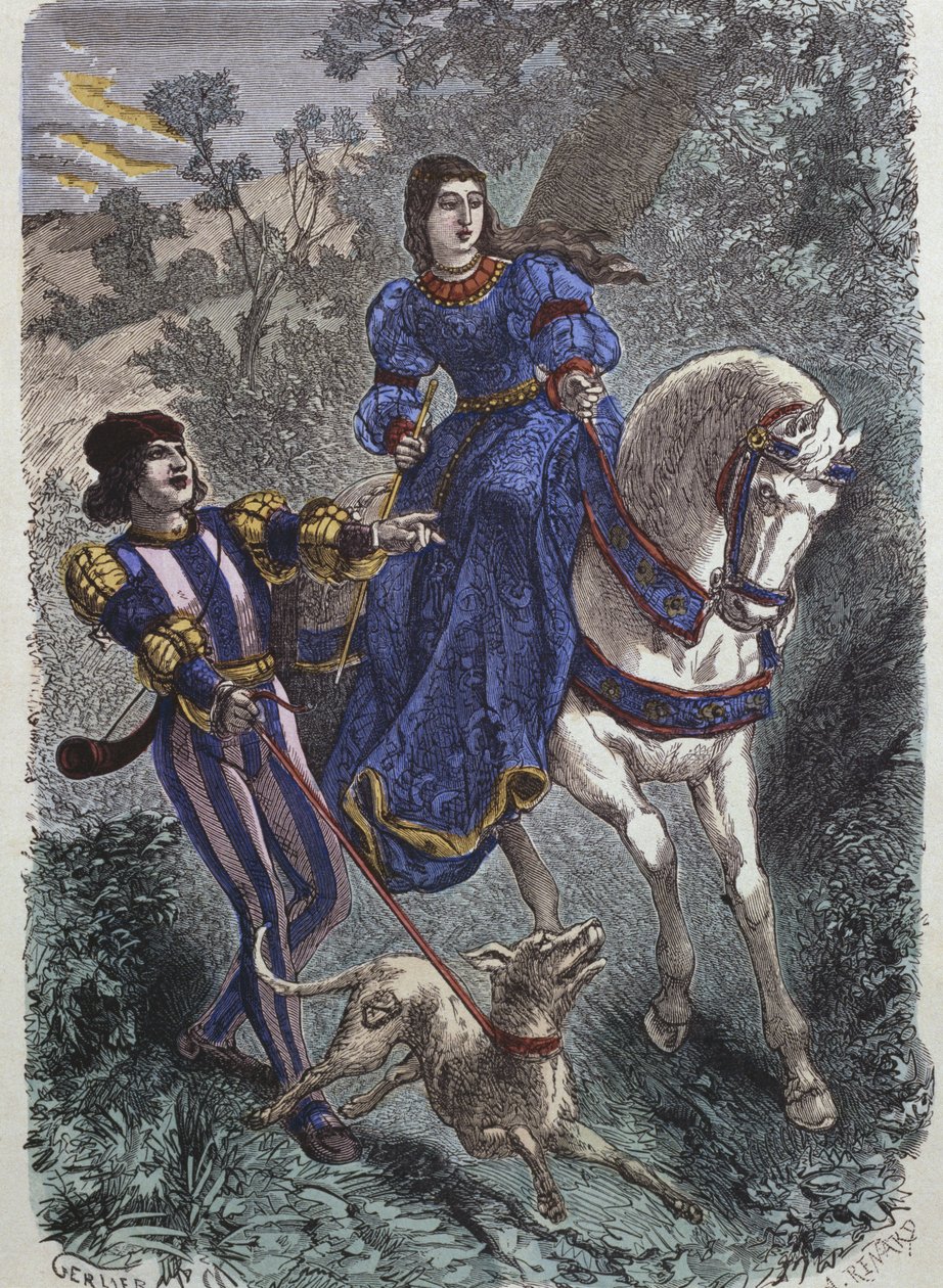 Jagdkostüme im 15. Jahrhundert, junge Reiterin mit ihrem Knappe, Illustration aus 