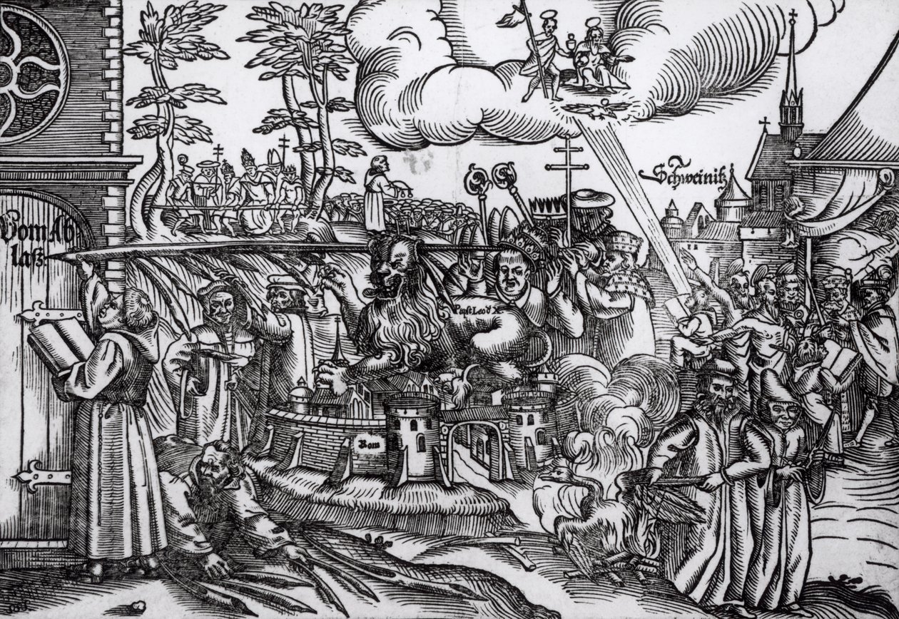 Martin Luther (1483-1546) schreibt 1517 an die Kirchentür in Wittenberg von German School