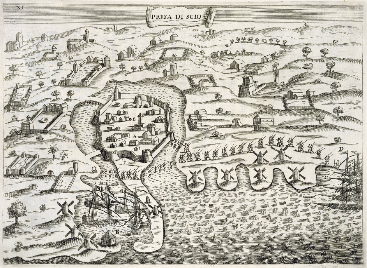 Italienische Soldaten marschieren in die befestigte Stadt auf der Insel Chios, Illustration aus 