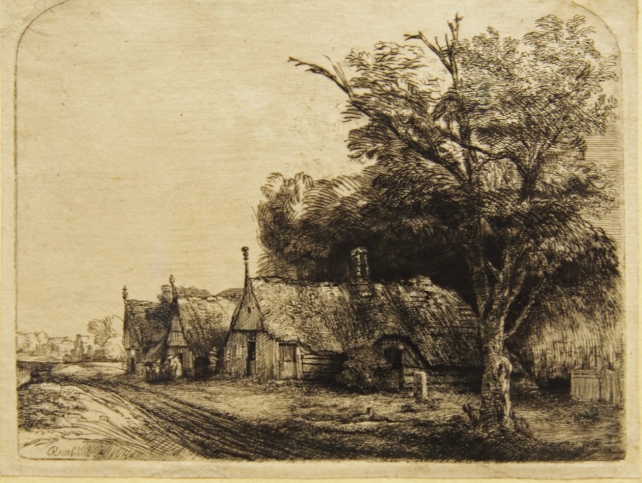 Drei Bauernhäuser entlang einer Straße von Rembrandt van Rijn
