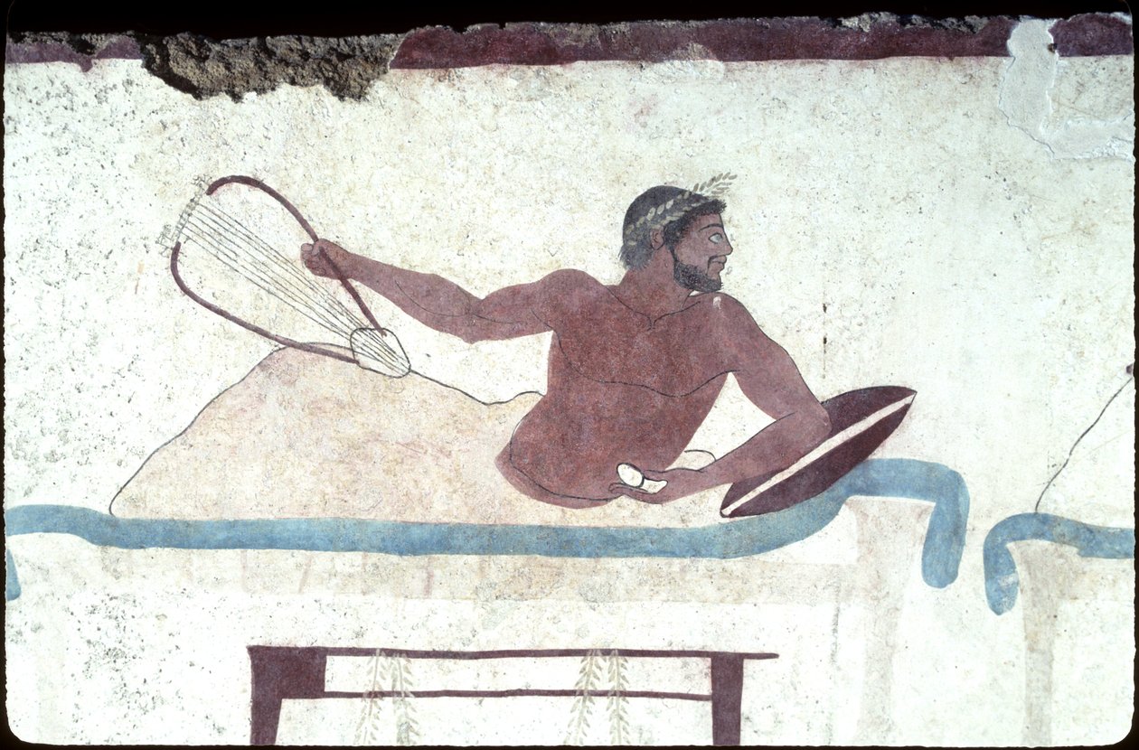 Griechische Malerei aus dem Grab des Tauchers, Paestum, 480 v. Chr. Bankettszene. Symposiumsszene, Italien von Unknown
