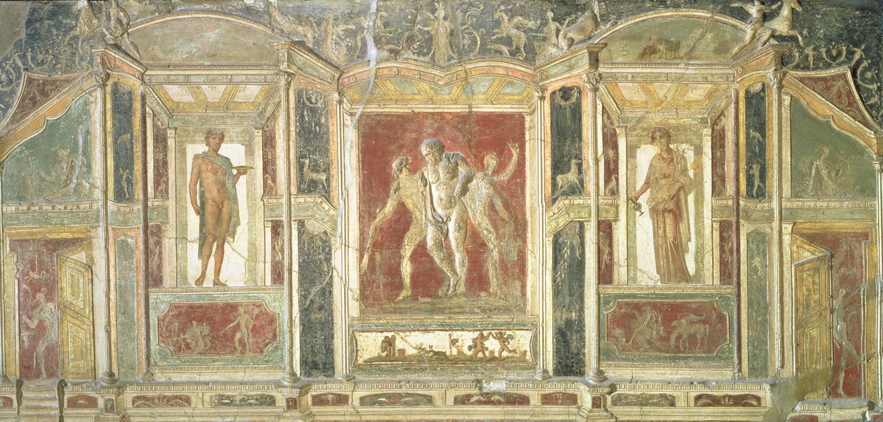 Relieftafeln mit Dionysos und anderen Figuren in Trompe-l