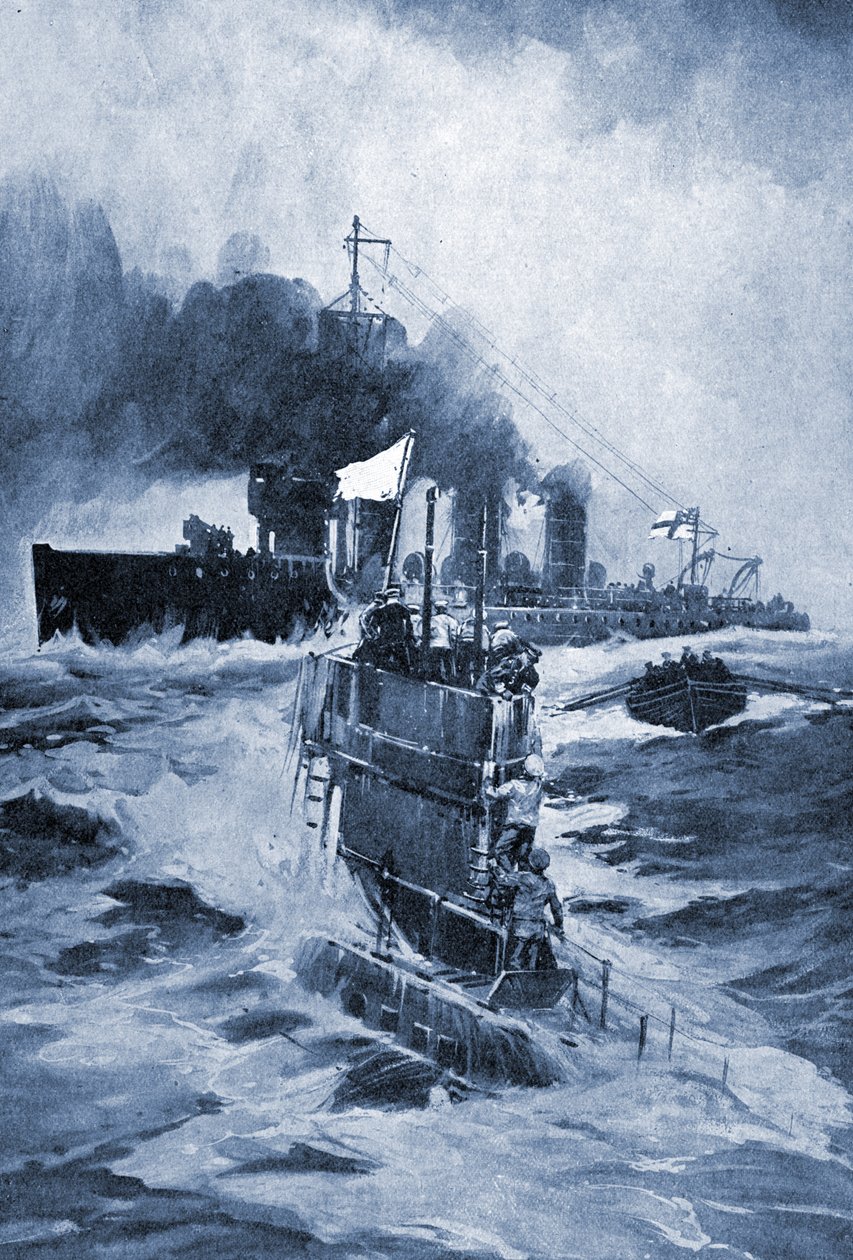 Das deutsche U-Boot U 18 kapituliert nach dem Rammen, 1914 von Unknown