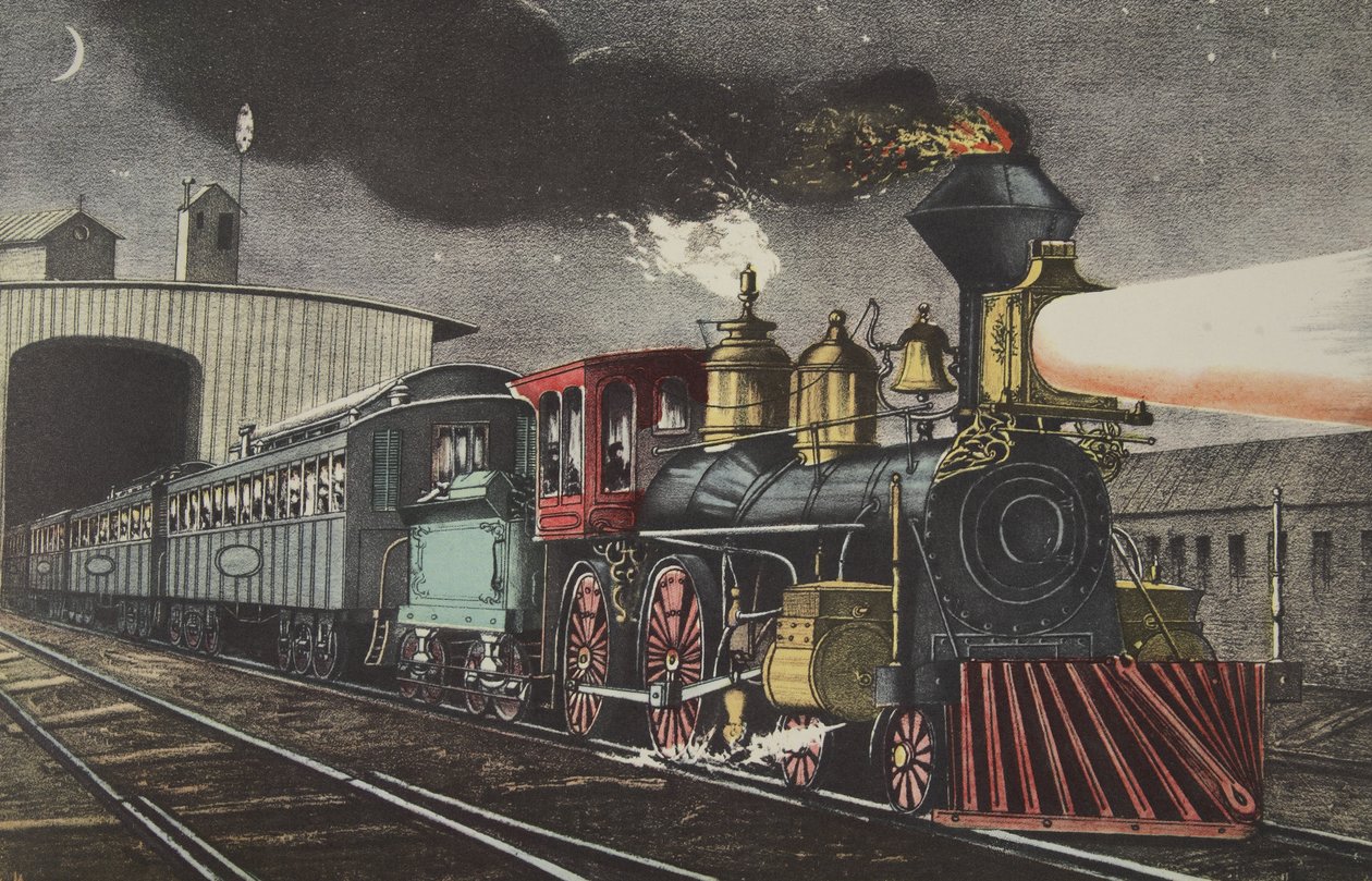 Der Nachtexpress: Der Start, veröffentlicht 1871, Currier & Ives von American School