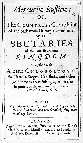 Titelseite von Mercurius Rusticus, veröffentlicht 1685 von English School