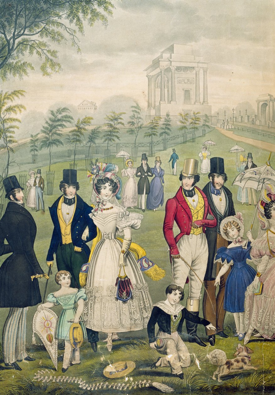 Ansicht des Green Park, London, zeigt die Mode der Zeit, Detail der linken Seite, ca. 1830 (Detail) von English School
