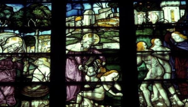 Fenster, das Adam und Eva, die Erschaffung und die Vertreibung darstellt von English School