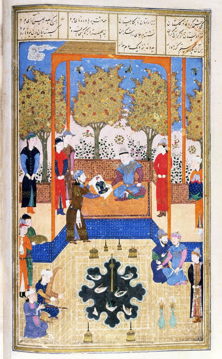 Porträt des Kindes, Rustam wird seinem Großvater Sam gezeigt, Illustration aus dem Shahnama (Buch der Könige) von Abul-Qasim Manur Firdawsi (ca. 934-ca. 1020) ca. 1440-45 von Persian School
