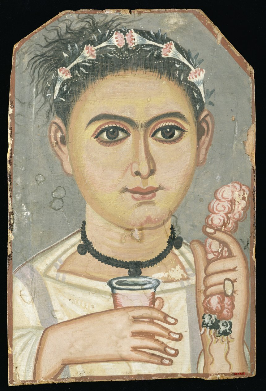 Porträt einer jungen Person: Junge mit einer Blumengirlande im Haar, möglicherweise aus Er-Rubiyat, Faiyum, Ägypten (ca. 200-230) (Tempera auf Holz) von Roman
