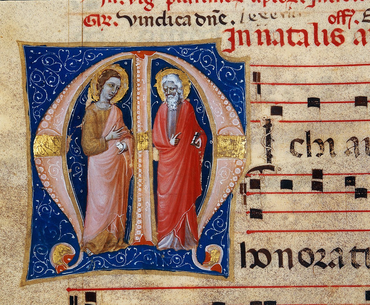Miniaturseite eines Choralpergaments mit zwei Heiligen, Detail von Unknown