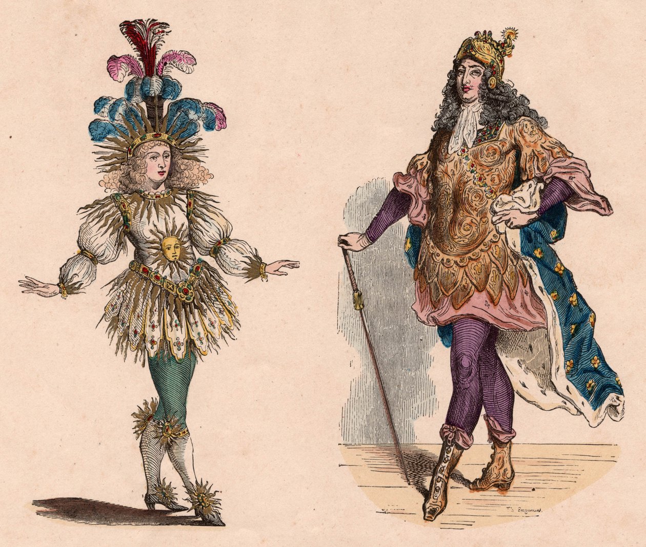 Zwei Ansichten von Ludwig XIV. in Anzügen: einer für das Theater mit Straußenfedern, einer für das Karussell mit Rüstung und Lilienumhang von Unknown