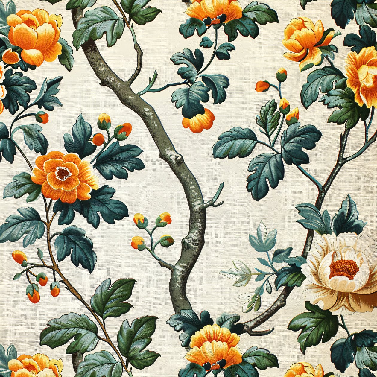 Individuelle Wandkunst & Dekor: Grünes & oranges Blumenblockmuster von F. Abderrahim