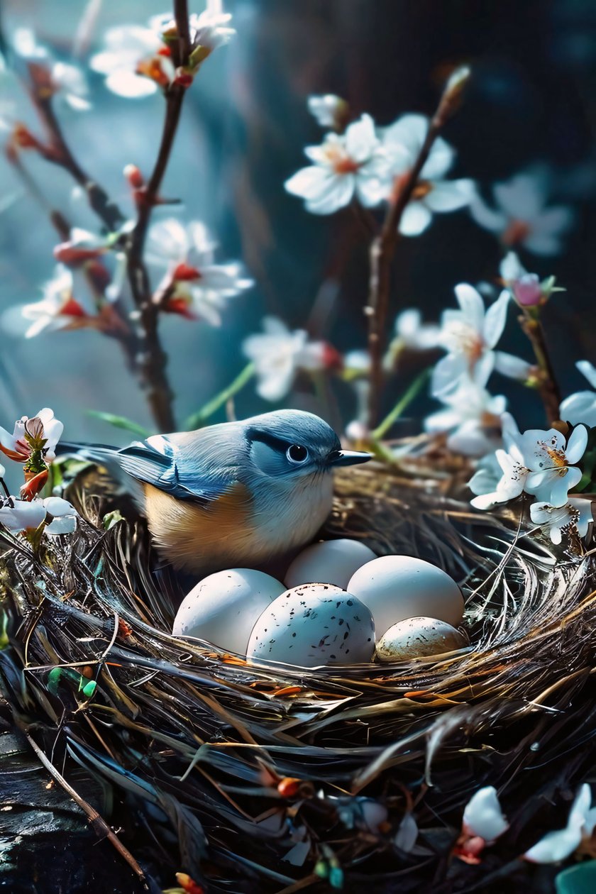 Vogel, der Eier ausbrütet, umgeben von weißen Blumen von F. Abderrahim