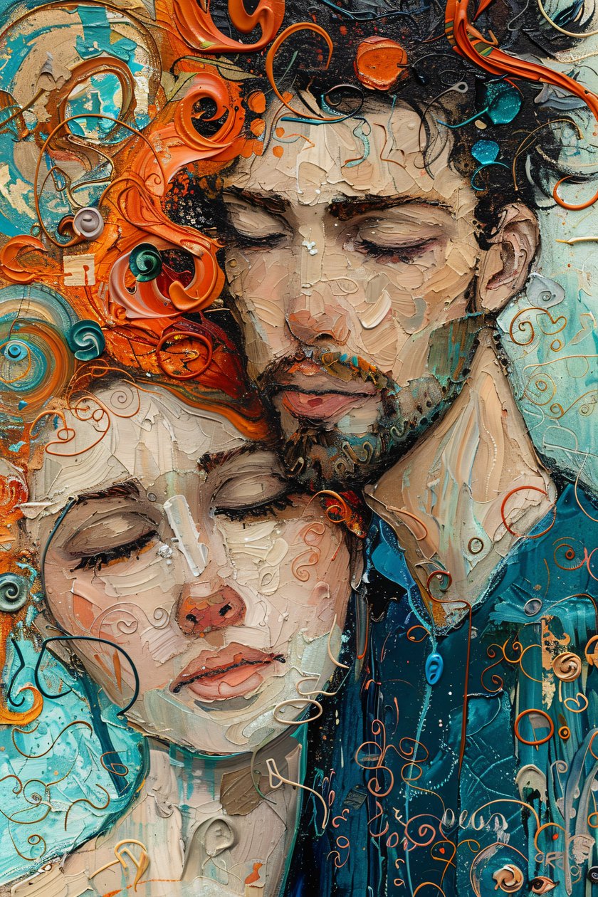 Digitales Gemälde: Ein Mann und ein Mädchen in einer Umarmung und Liebe von F. Abderrahim