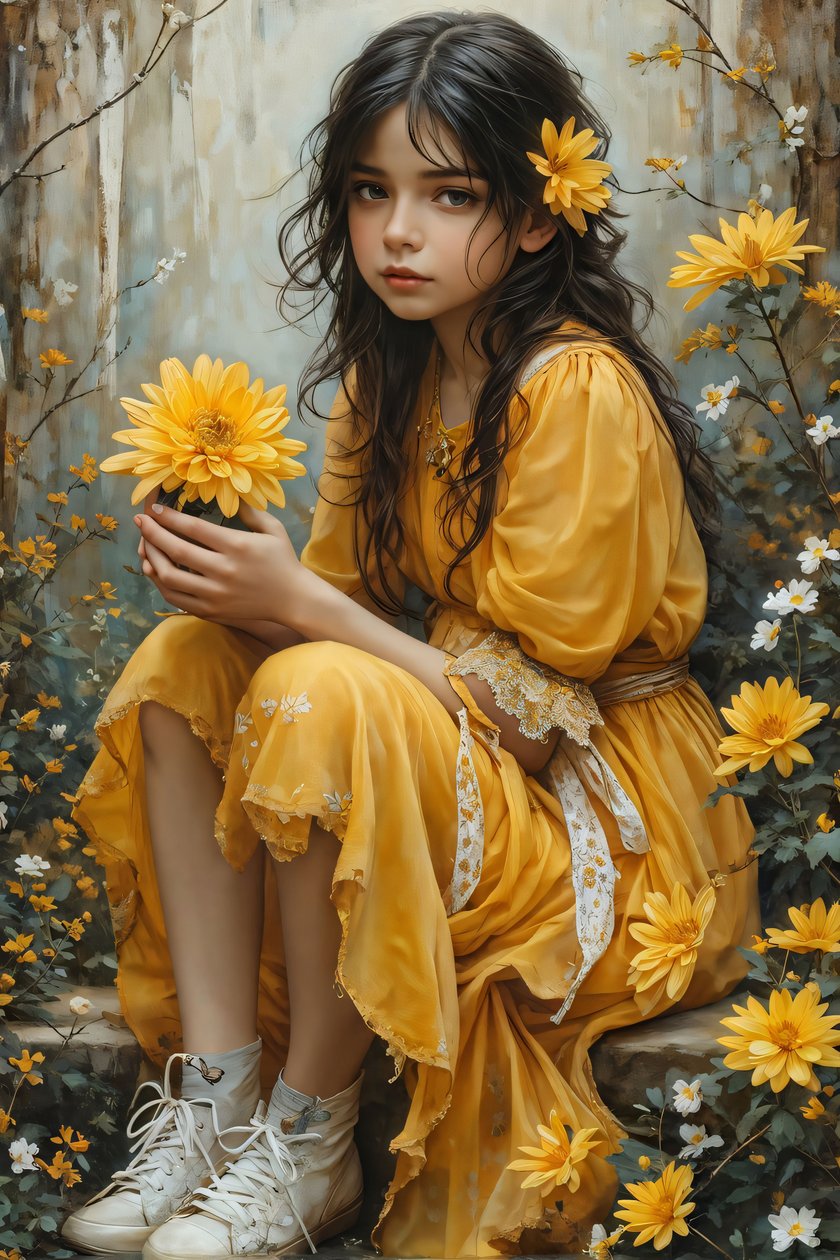 Unschuldiges schönes Mädchen, das Blumen in einer Landschaft hält von F. Abderrahim