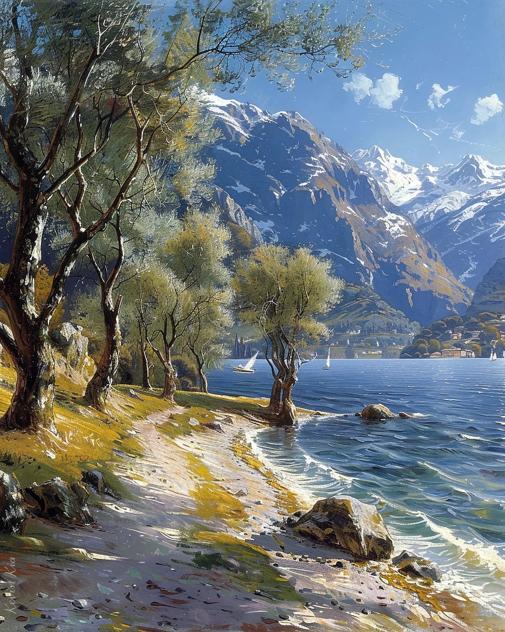 Berg- und Waldlandschaft mit einem ruhigen See von F. Abderrahim