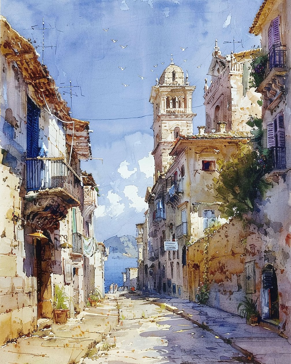 Aquarell weiße Häuser mit Blick auf das Mittelmeer von F. Abderrahim
