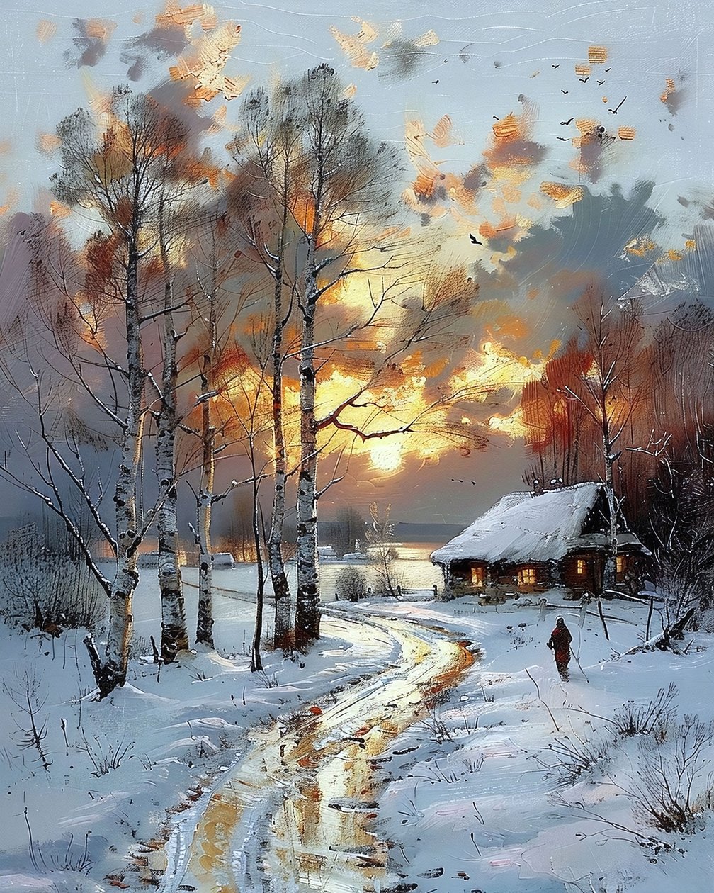 Sonnenuntergang in einer natürlichen Aussicht neben einer Holzhütte an einem verschneiten Tag von F. Abderrahim