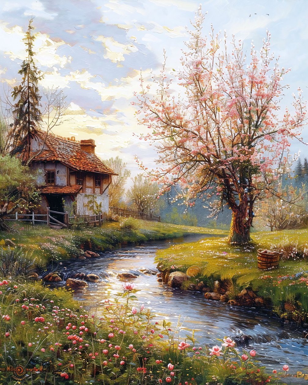 Altes Haus & Landschaft mit fließendem Fluss von F. Abderrahim