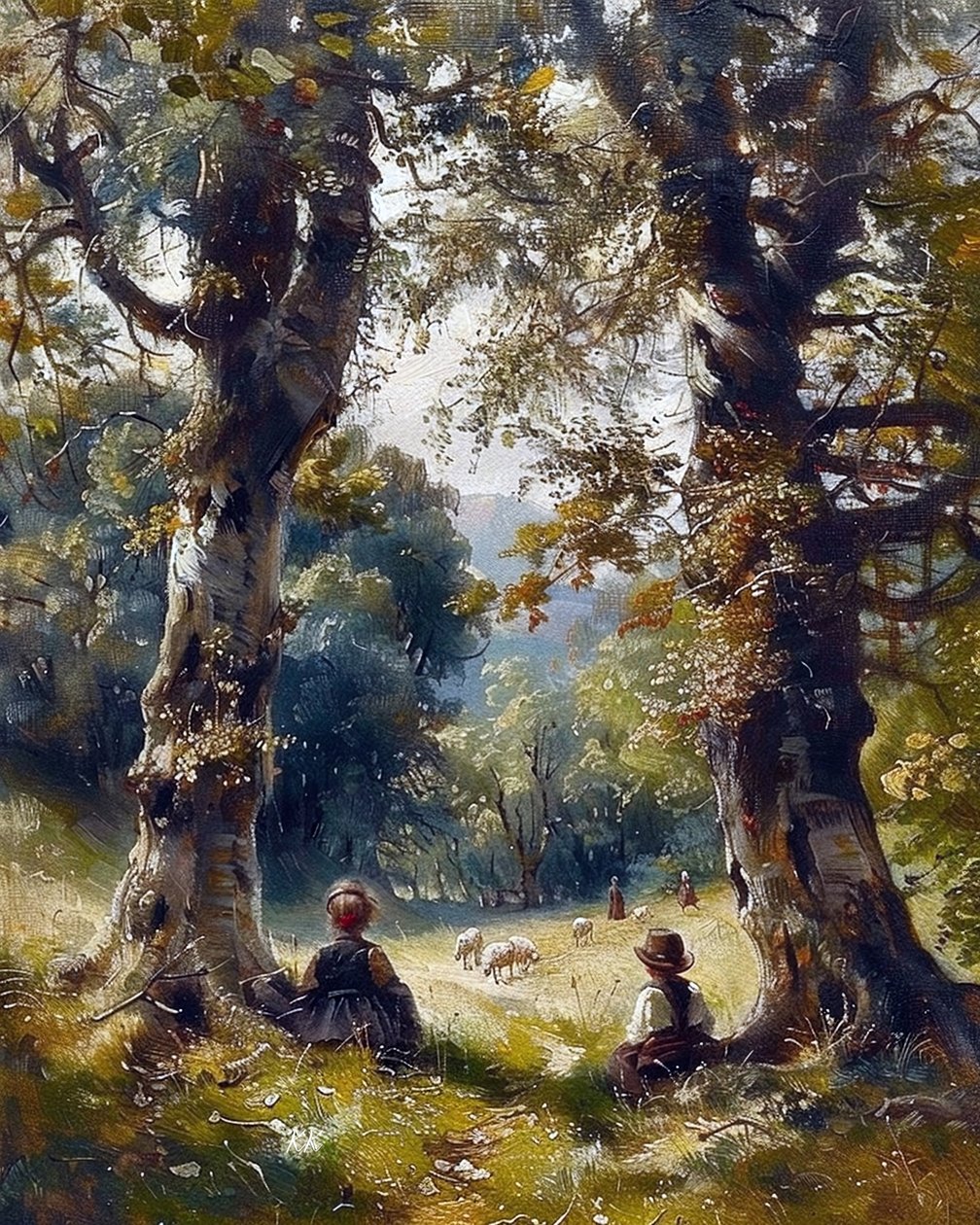 Kinder sitzen unter Bäumen im Wald von F. Abderrahim