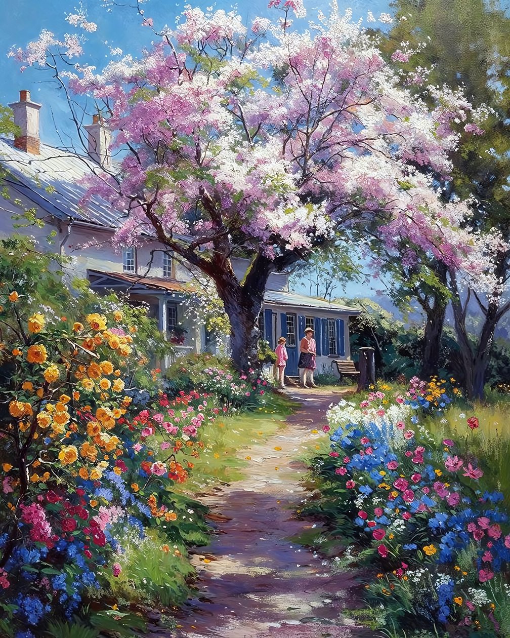 Ein Garten eines Hauses auf dem Land, Kirschblüten von F. Abderrahim