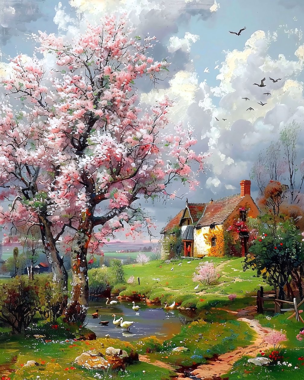Altes Haus und Landschaft mit blühenden Bäumen von F. Abderrahim
