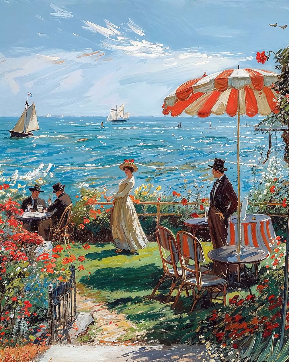 Café mit Meerblick, Zeichnung aus den 1920er Jahren von F. Abderrahim