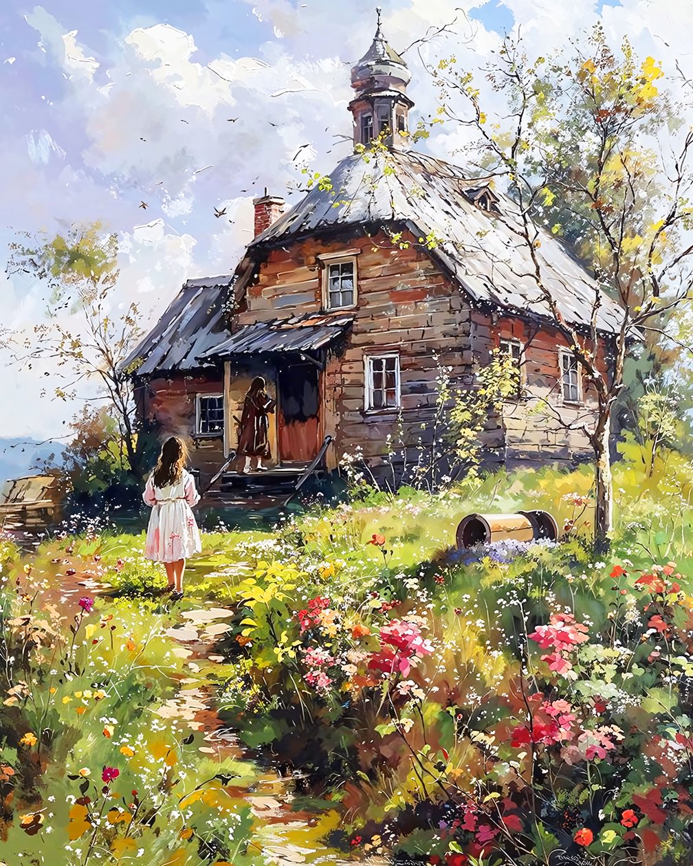 Ein Mädchen und ihre Mutter vor einem Holzhaus von F. Abderrahim