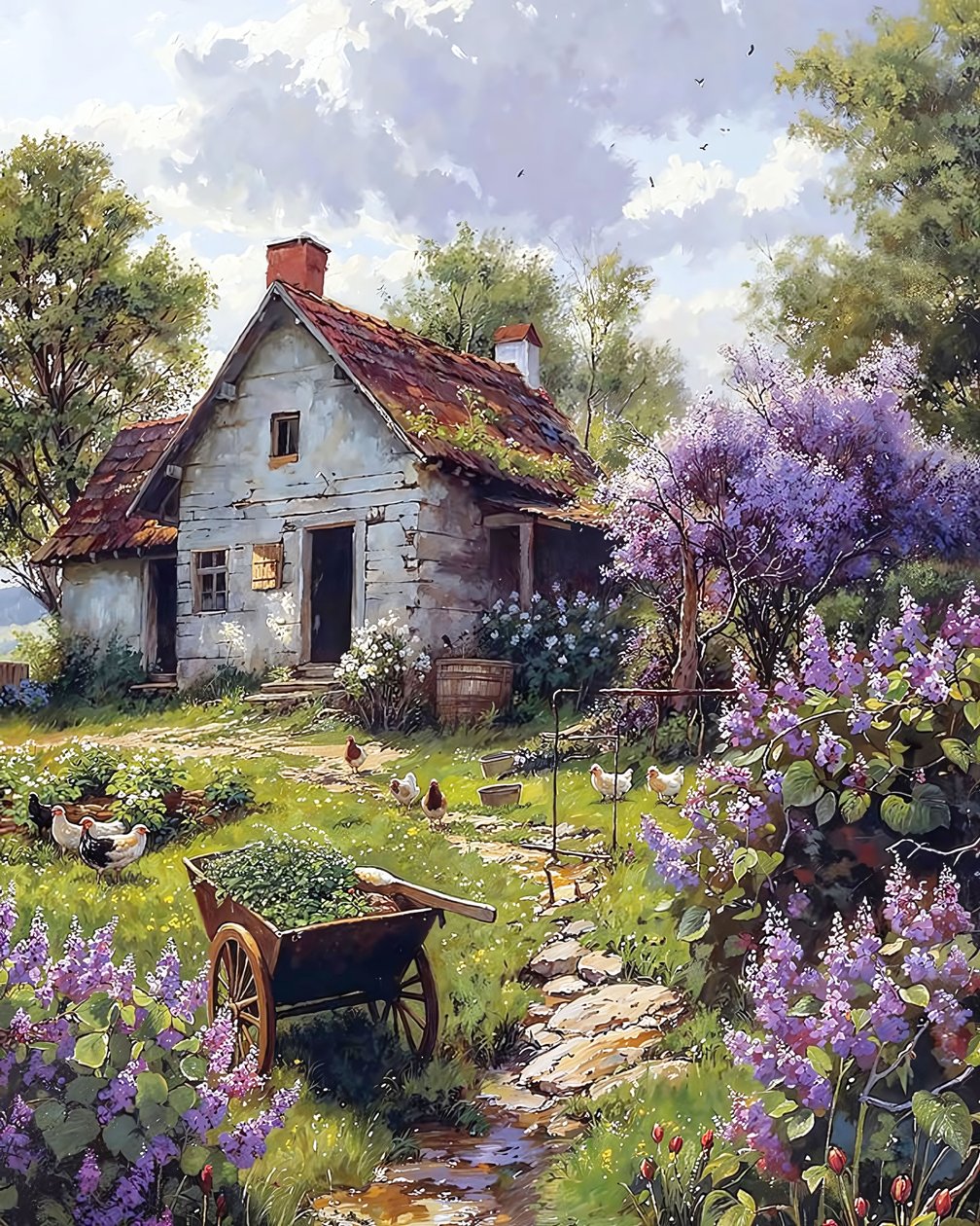 Traditionelles Bauernhaus umgeben von rosa Blumen von F. Abderrahim