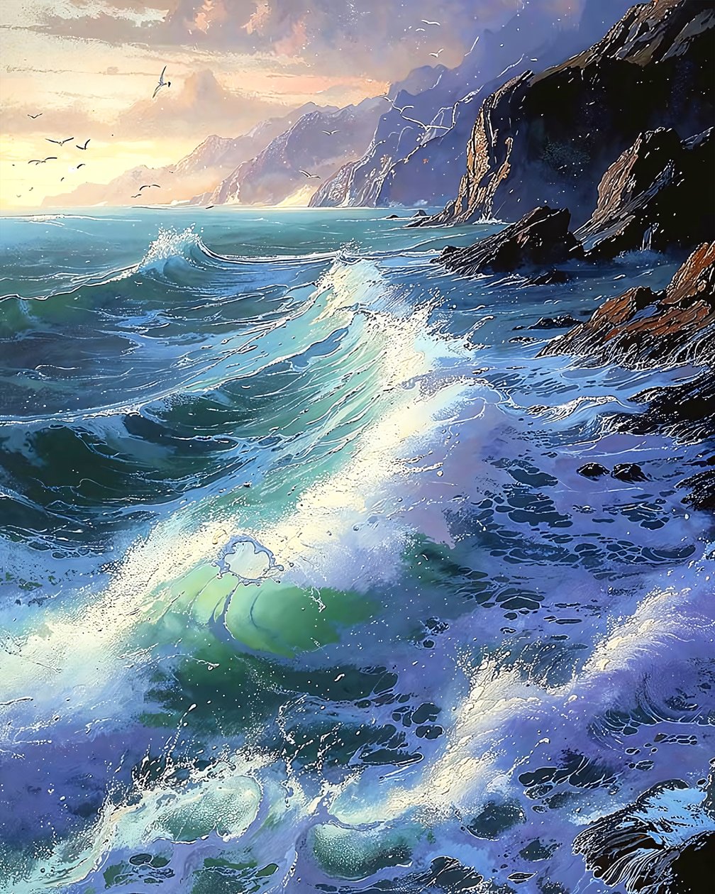 Tosende Wellen, die auf die Felsen schlagen von F. Abderrahim