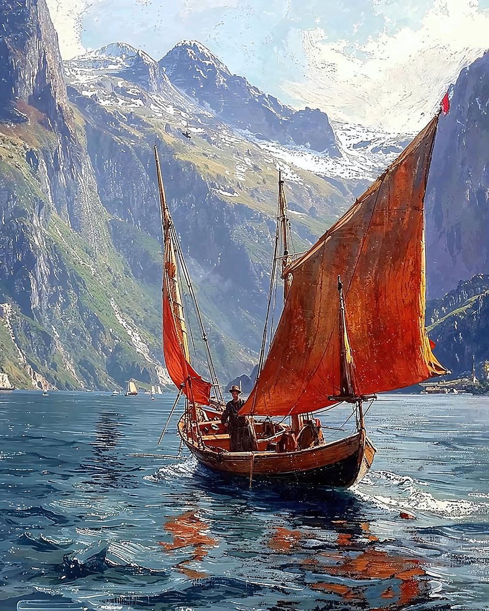 Ein Segelboot in einem Tal zwischen den Bergen von F. Abderrahim