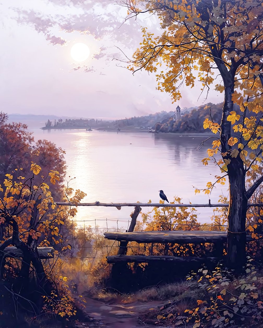 Ein Garten eines Hauses auf dem Land neben einem See von F. Abderrahim