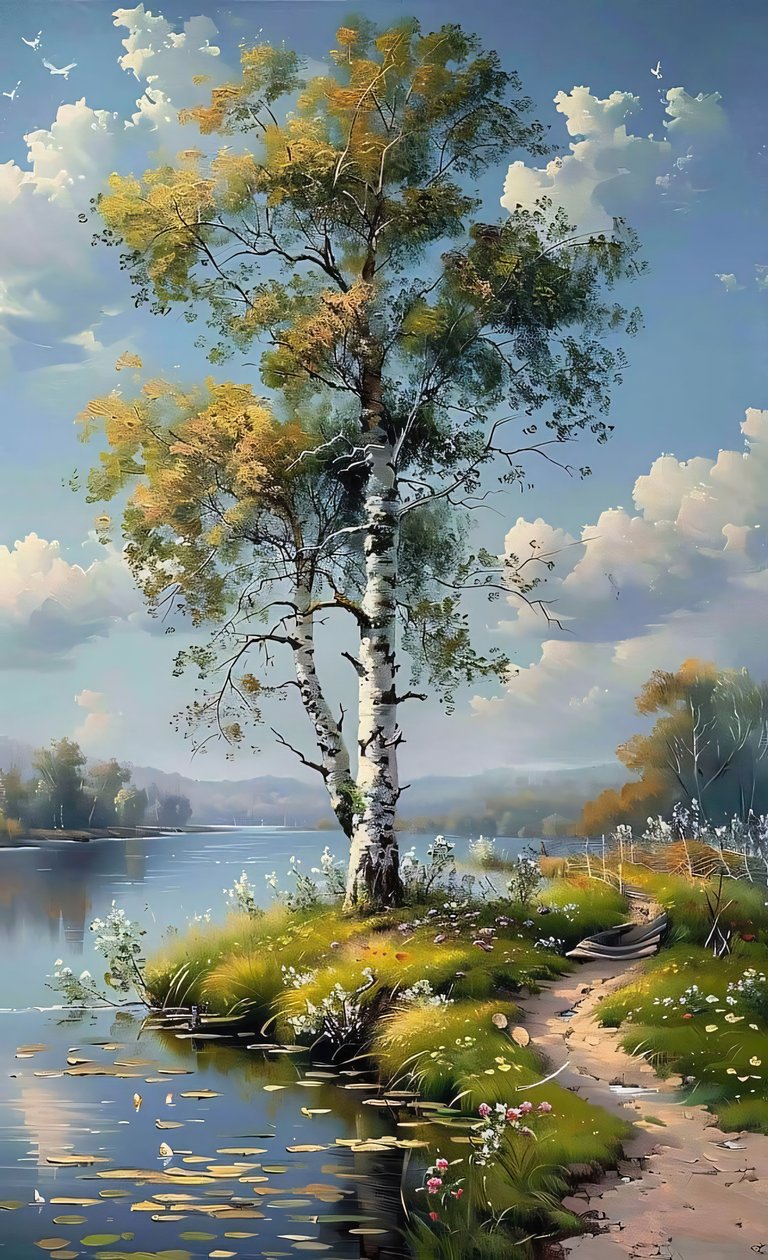 Bäume und Bäche, die sich bis zum Horizont erstrecken, eine farbenfrohe Landschaft von F. Abderrahim