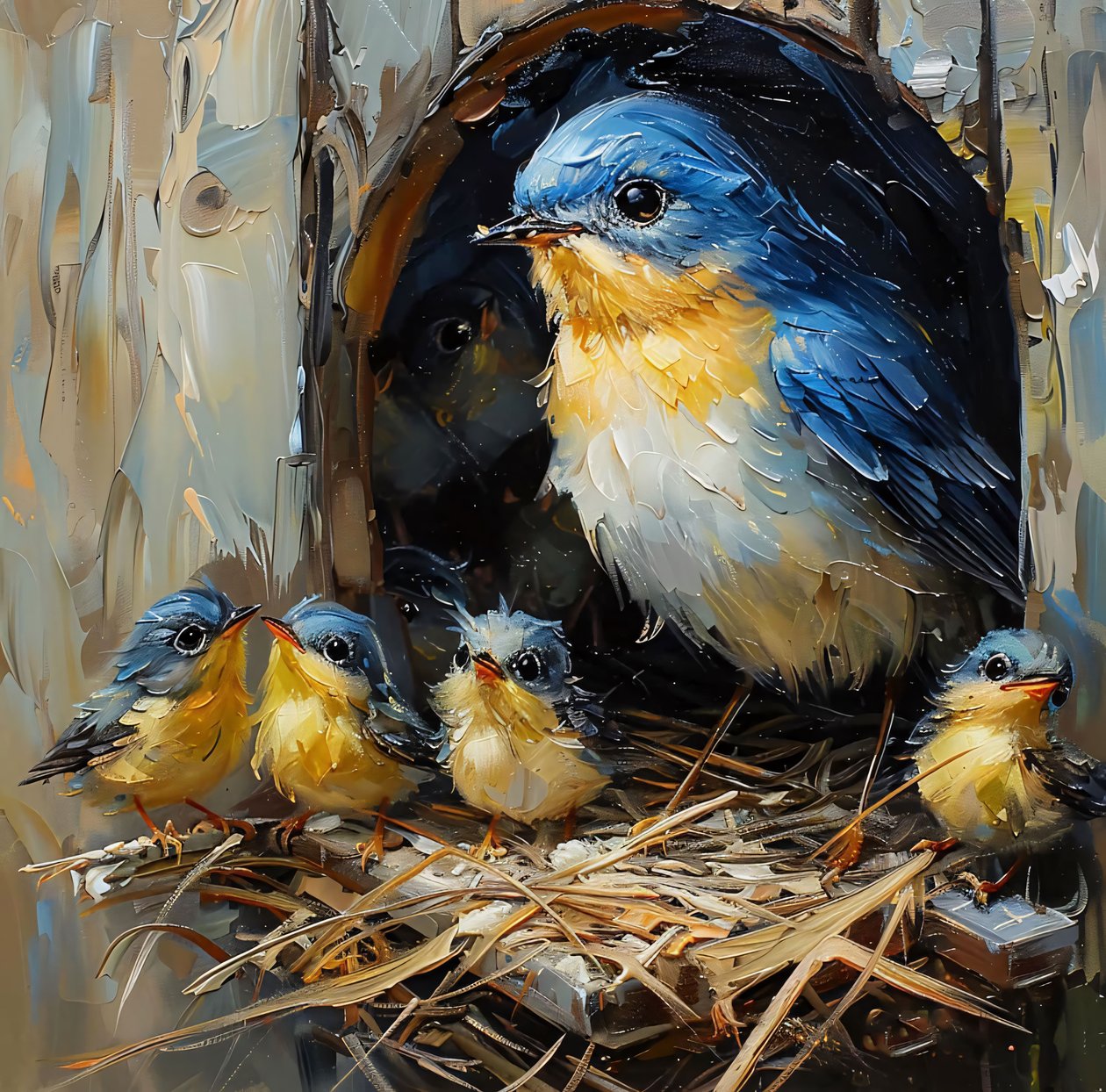 Ein bunter Vogel  sein Junges in einem Nest in einem Baum, Wanddekoration für Schlafzimmer von F. Abderrahim