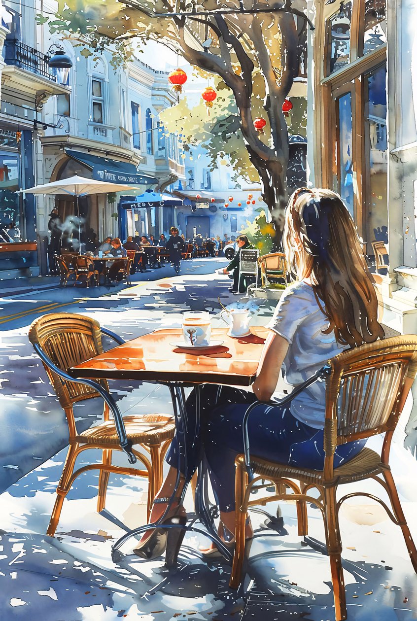 Eine Frau sitzt auf einem Stuhl in einem Straßencafé in Paris, gerahmte Wanddekoration von F. Abderrahim
