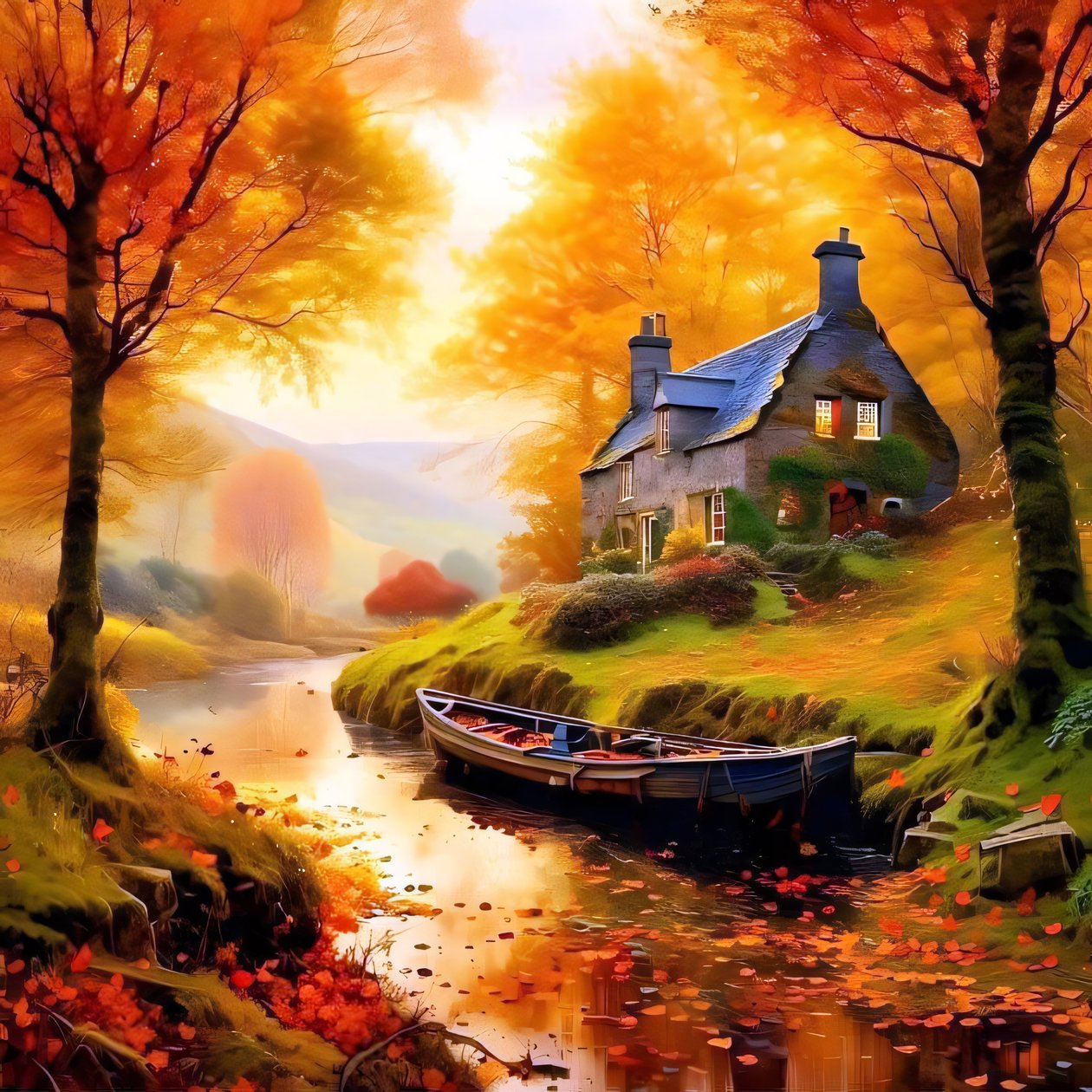 Gemälde einer Hütte im Wald mit einem Bach, Herbstlandschaft von F. Abderrahim