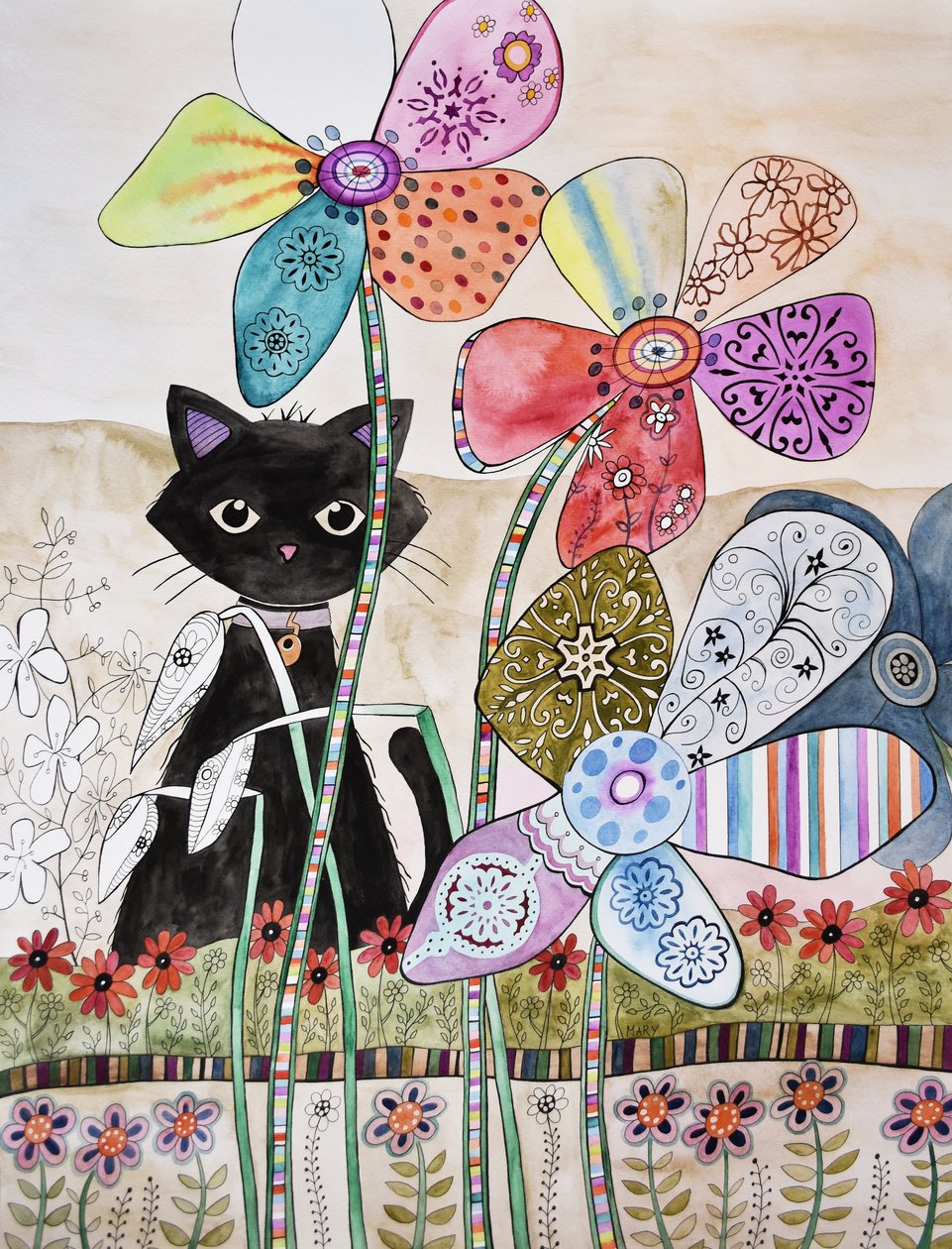 Katze hinter Blumen von Marys Watercolors