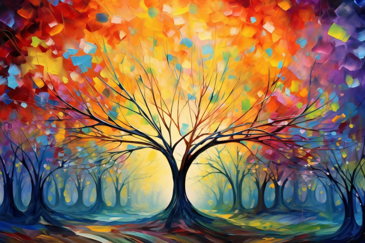 Bunter Baum Acryl-Gemälde. Pinselstriche, Natur  Landschaft Poster  Wandkunstdrucke von F. Abderrahim