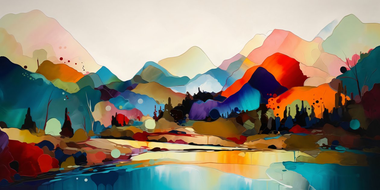 Bunte abstrakte Landschaft, Panorama-Gemälde, schöne Farbpalette, Wandkunstdrucke von F. Abderrahim