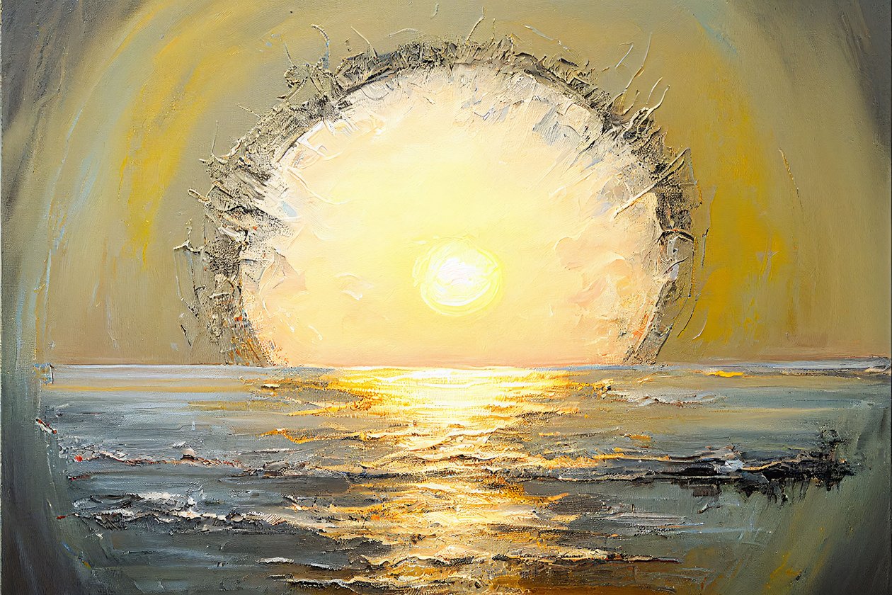 Abstraktes Bild einer riesigen Sonne über dem Ozeanhorizont, große Leinwanddrucke von F. Abderrahim