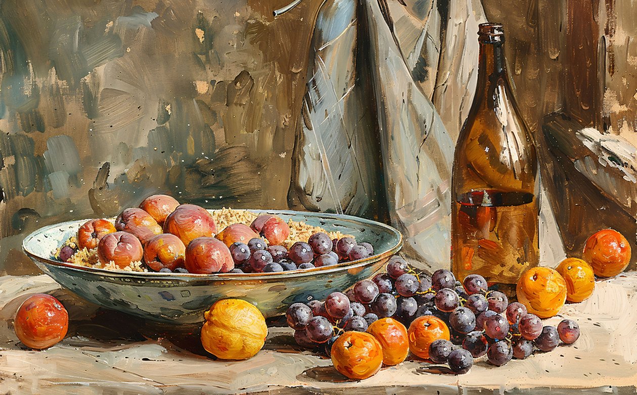 Ein Stilleben, Früchte und eine Flasche Wein, Pinselstrich Malerei, Wall Decor zu verkaufen von F. Abderrahim