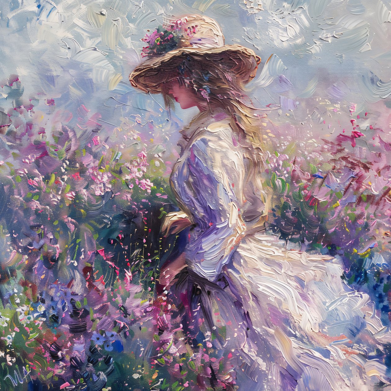 Dame im Kleid in der Natur, Belebender Duft des Lebens, Monet-Stil, Kunstdrucke online von F. Abderrahim