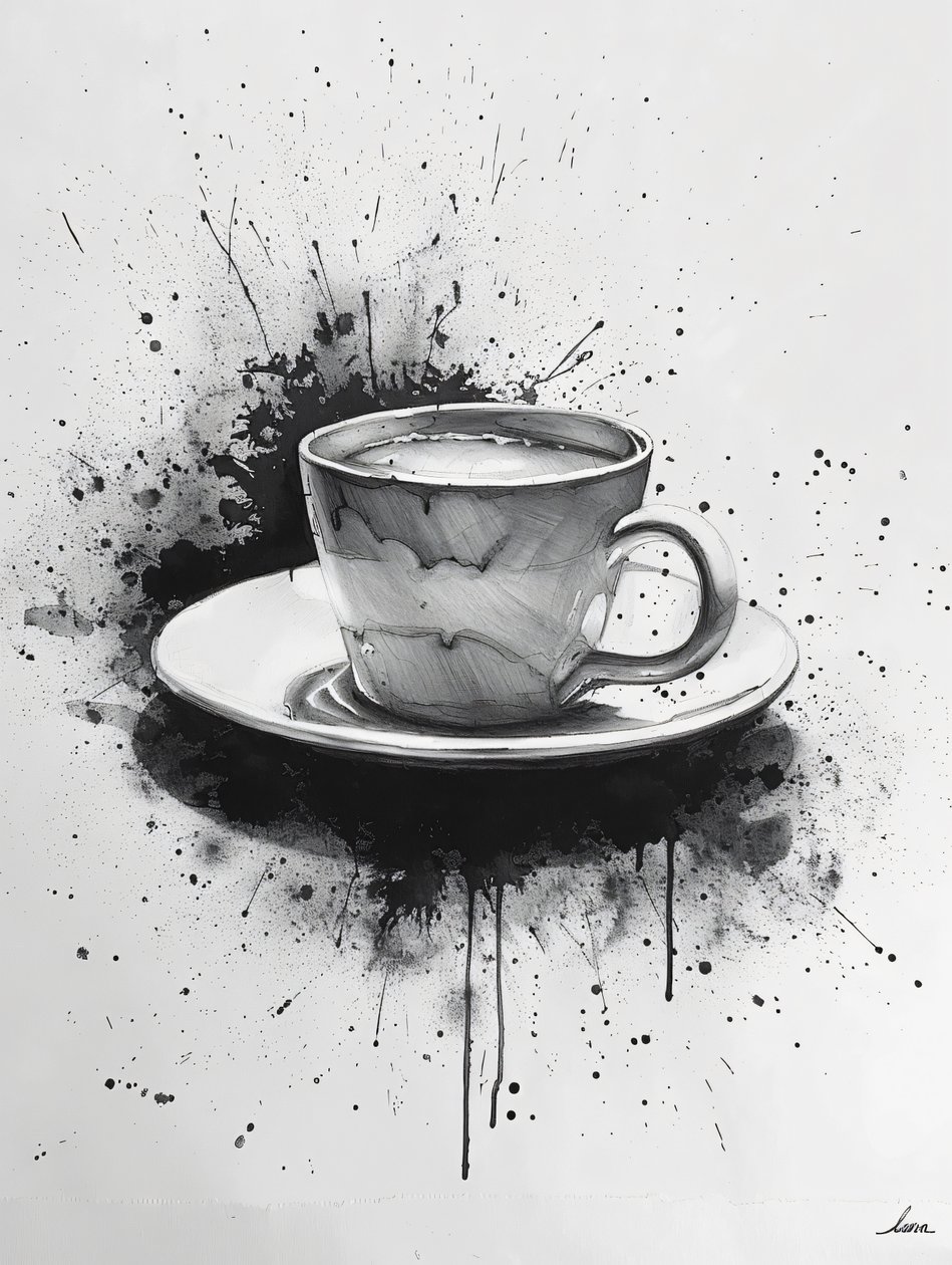 Minimalistische einzeilige Noir-Szene mit Kaffeeflecken-Highlights, Kunstdrucke online von F. Abderrahim