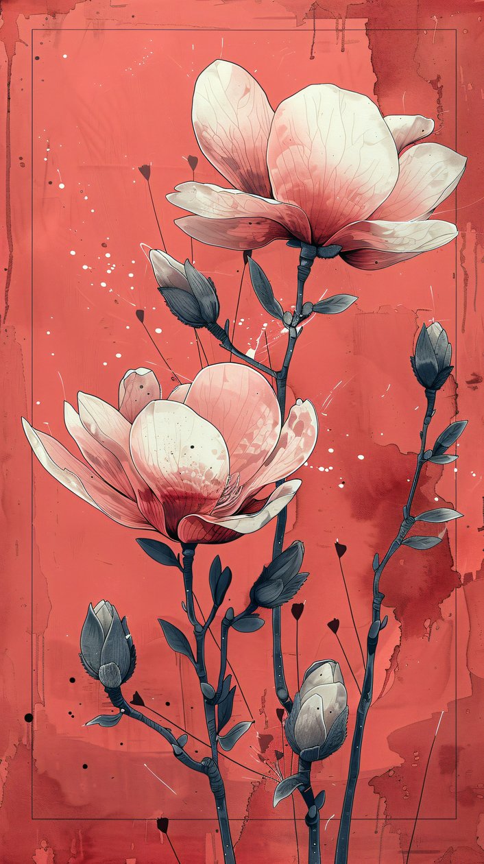 Weiße Rosen mit rotem Hintergrund in einfacher Malerei, Wandkunst | Print on Demand von F. Abderrahim
